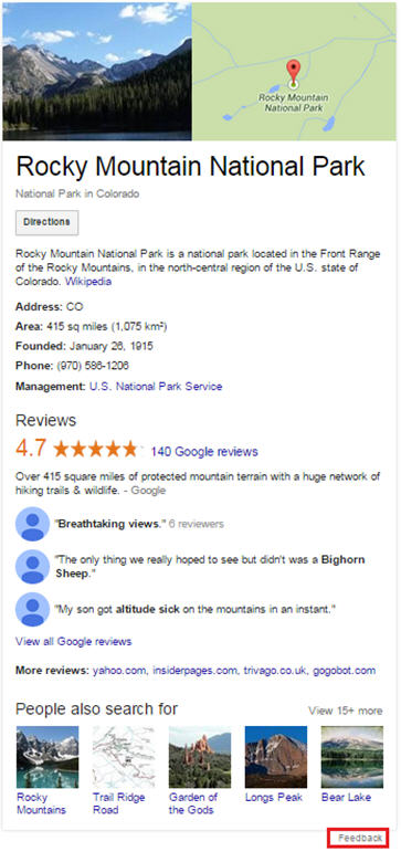 This is an example of the Knowledge Panel on Google (also known as the Knowledge Graph), for Rocky Mountain National Park. The “feedback” link is highlighted in the red box.