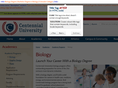 Click here to see real-world examples of SEO for the fictitious Centennial University website. 