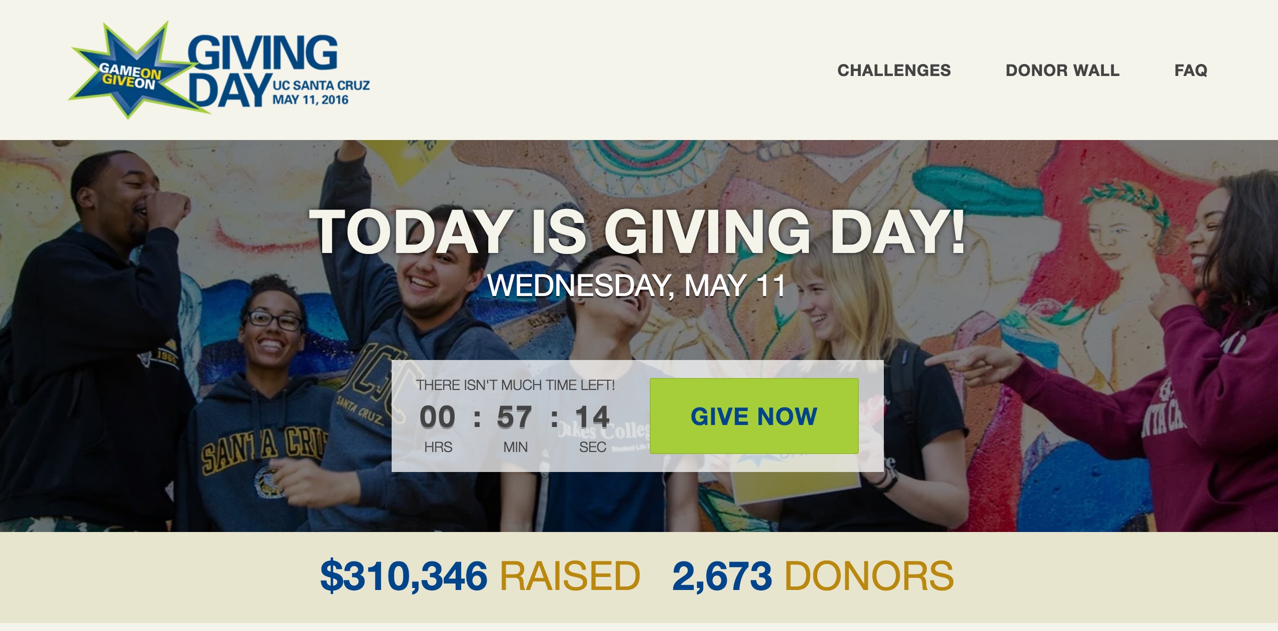 Example of a well-placed Give Now button at the successful UC Santa Cruz Give Day on the RNL ScaleFunder platform.