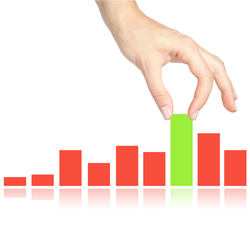 A graphic showing a hand selecting one of numerous bar graphs. This represents the process of a college or university selecting the right financial aid strategy for their campus based on a number of unique factors and characteristics.