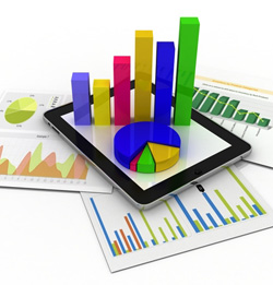 Graphic showing various pie charts and bar graphs which represent different types of Web analytics data that can be used for decision making.