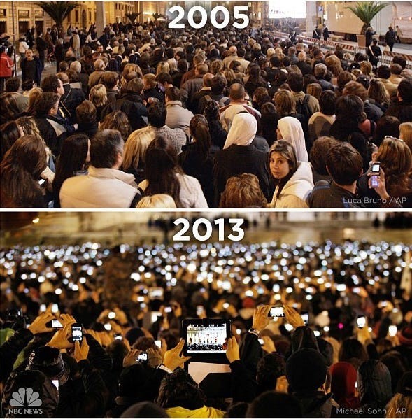 Donor engagement is changing along with technology. This photo of the from the 2005 and 2013 announcements of the pope shows how mobile devices have changed things.