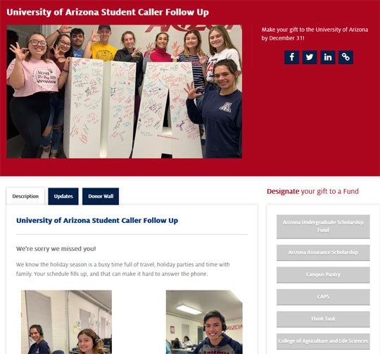 University of Arizona giving page