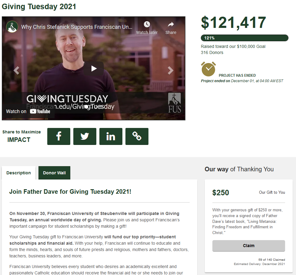 Franciscan University Giving Day page