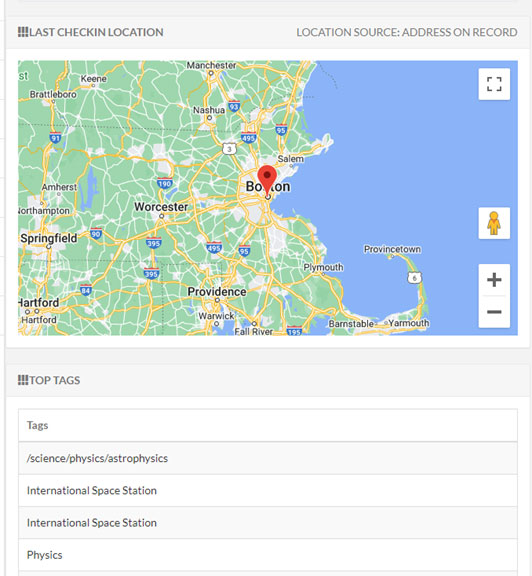 RNL QuadWrangle - donor interests and map of their last checkin location