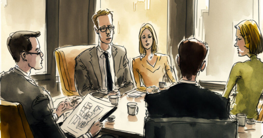 An AI generated image with a challenge "benefit meeting"created by Chad Bonaker using Midjourney.
