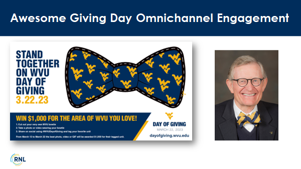 West Virginia University postcard mailing showing a WVU-themed bowtie for their giving day.