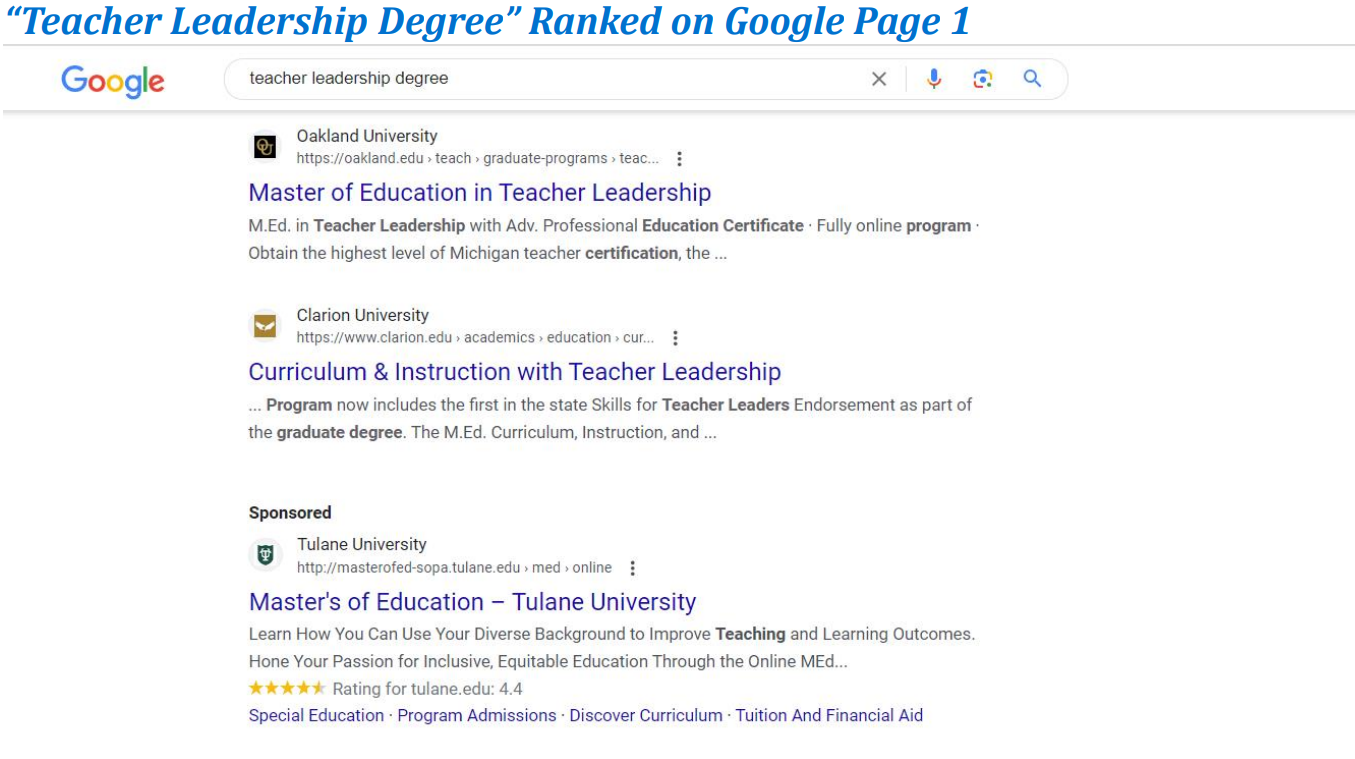 Search page showing Oakland University's Teacher Leadership page ranking at the top. 
