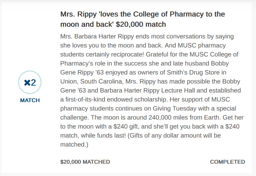Message from an Medical University of South Carolina donor making a $20,000 match