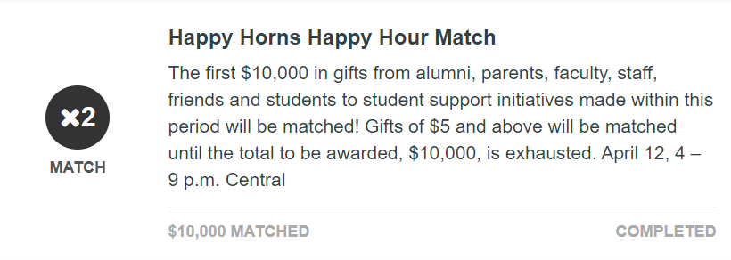 Donor match from the University of Texas at Austin's 40 Hours for the Forty Acres campaign