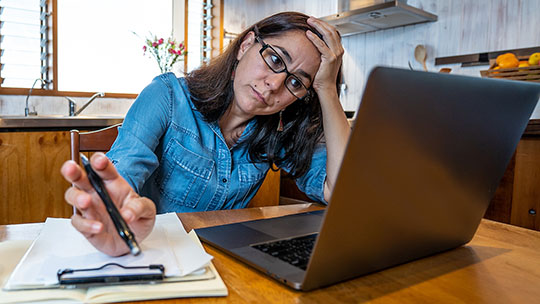 Blog: Addressing the Well-Being of Graduate Students; image of woman in her kitchen working on her computer