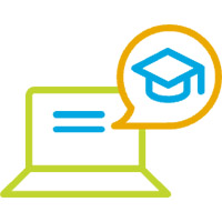 Icon: Laptop with a mortarboard in a chat bubble
