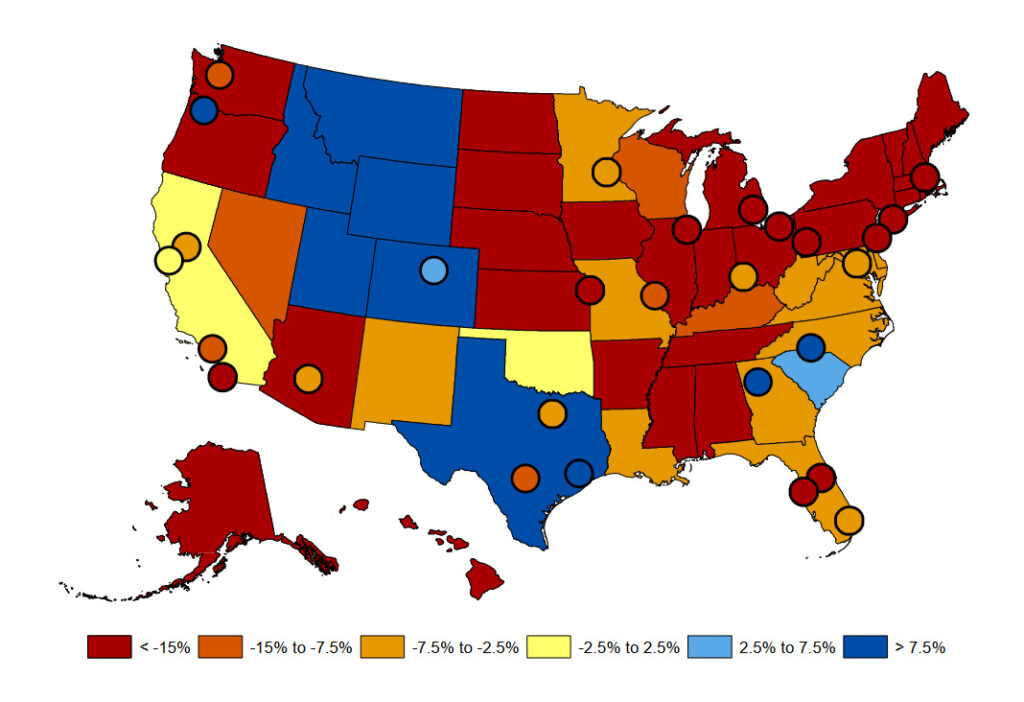 Blog on two demographic cliffs: Image of the US showing growth in college-going students. Most states will see declines except Texas, Montana, Idaho, Wyoming, Utah, Colorado, and South Carolina