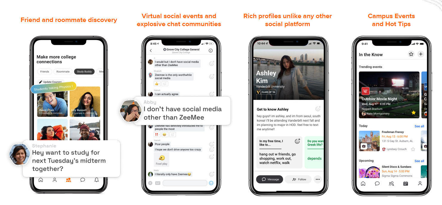 Digital Student Communities: Smartphone screens showing how to engage students with ZeeMee