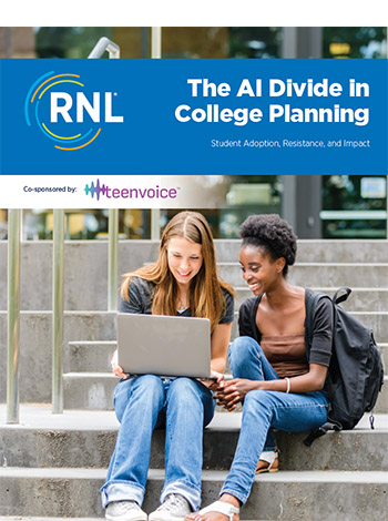 Report: The AI Divide in College Planning, image of two female college students sitting on steps and looking at a laptop