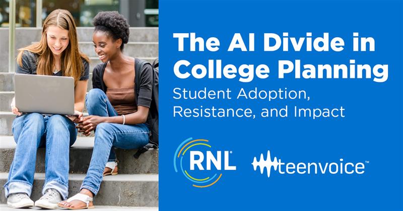 Report: The AI Divide in College Planning, image of two female college students sitting on steps and looking at a laptop