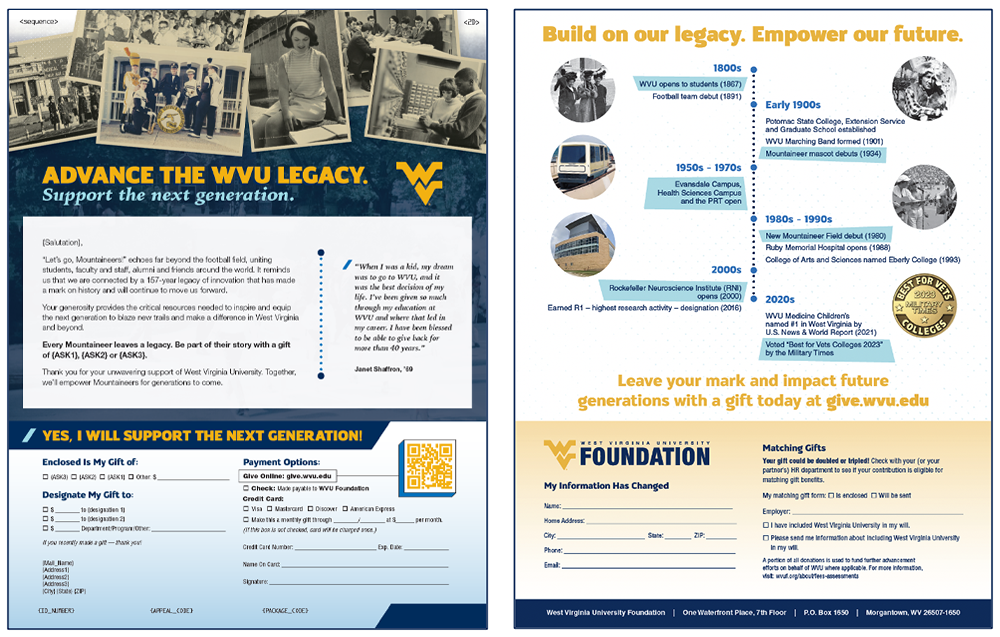 West Virginia University fundraising mailing