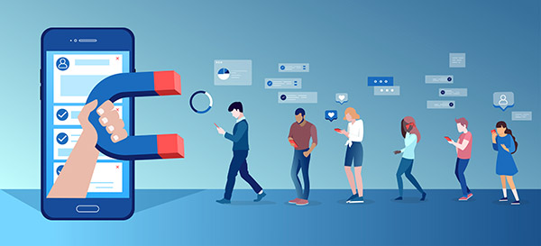 Blog on college marketing: Illustration of of a group of people using mobile gadgets communicating being attracted by social media app platform