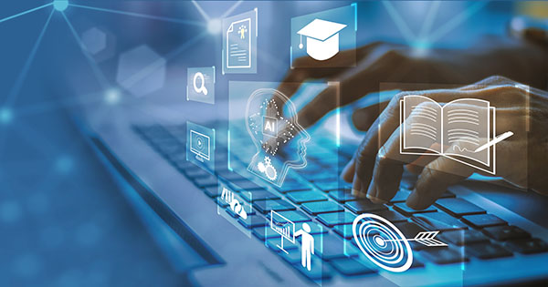 Blog: AI in Higher Education Marketing - image of male hands typing on computer keyboard surrounded by AI and higher ed icons